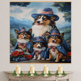 Mother Collie Dog and Three Puppies in Patriotic Hats and Capes by a Mountain Lake on Ready to Hang 1.5" Thick Canvas Wrap, Floating Framed Canvas, Flat Rolled Canvas
